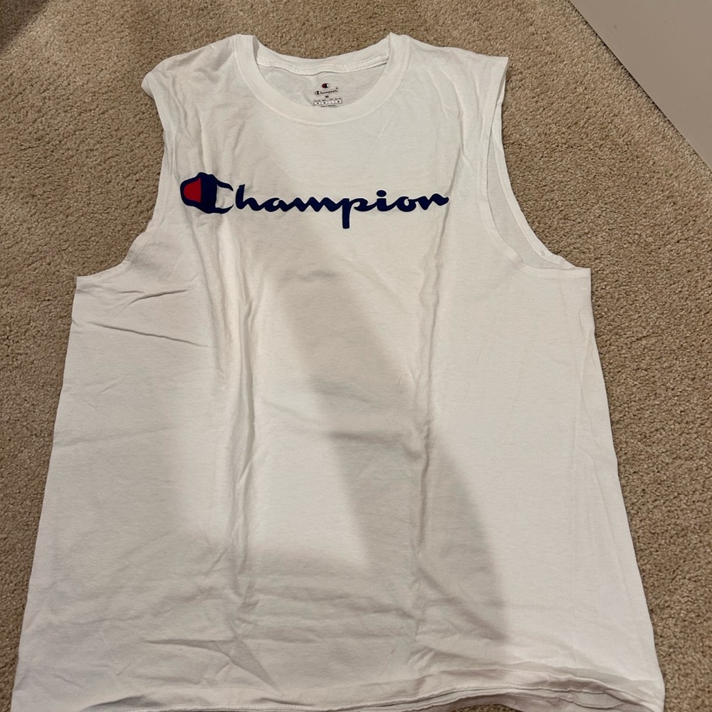 Champion White Muscle Tee with Blue Logo